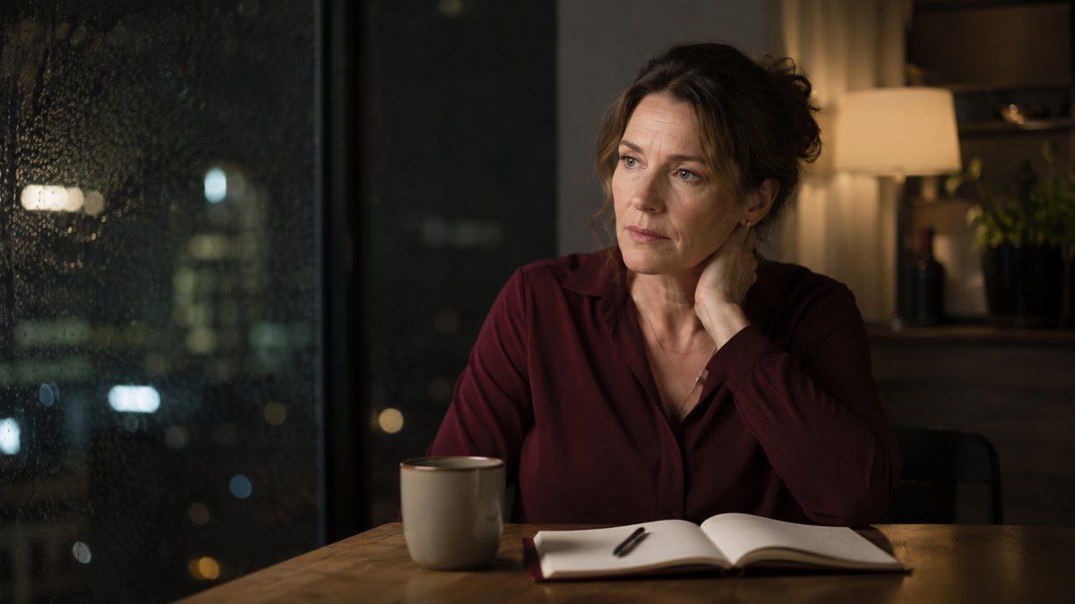 A thoughtful woman reflecting alone at night